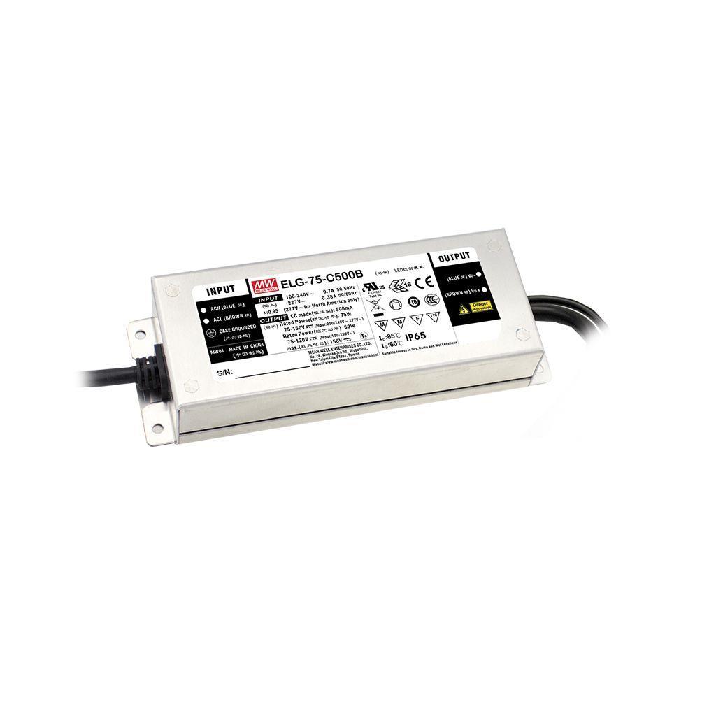 MEAN WELL ELG-75-48AB-3Y AC-DC Single output LED Driver Mix Mode (CV+CC) with PFC; 3 wire input; Output 48Vdc at 1.6A; Dimming with 0-10Vdc 10V PWM resistance; IP65; Io and Vo adjustable through built-in potentiometer