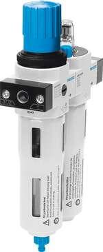 Festo 192636 service unit FRC-3/4-D-7-O-MIDI Filter regulator/lubricator combination, maximum output pressure 7 bar, 40 µm filter, with metal bowl guard. With manual condensate drain. Without pressure gauge. Size: Midi, Series: D, Actuator lock: Rotary knob with lock,