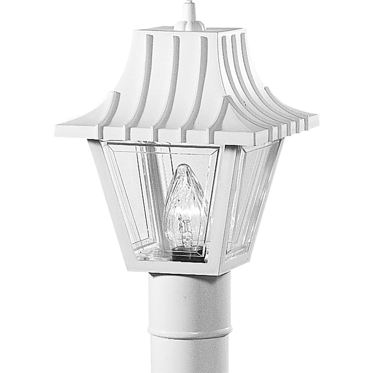Hubbell P5414-30 Post lantern with ribbed mansard roof. Beveled clear acrylic panels. Polypropylene construction. Post top fits 3" post or pedestal mount.  ; Polypropylene construction. ; Beveled clear acrylic panels. ; Ribbed mansard roof style.