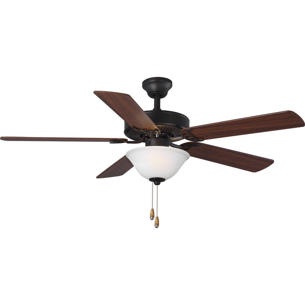 Hubbell P2599-129 A 52 in two-light, five-blade fan with reversible blades and a beautifully crafted white etched glass bowl. Powerful AirPro motor features 3-speed control that can also be reversed to provide year-round comfort. Two medium-based LED lamps are included (no