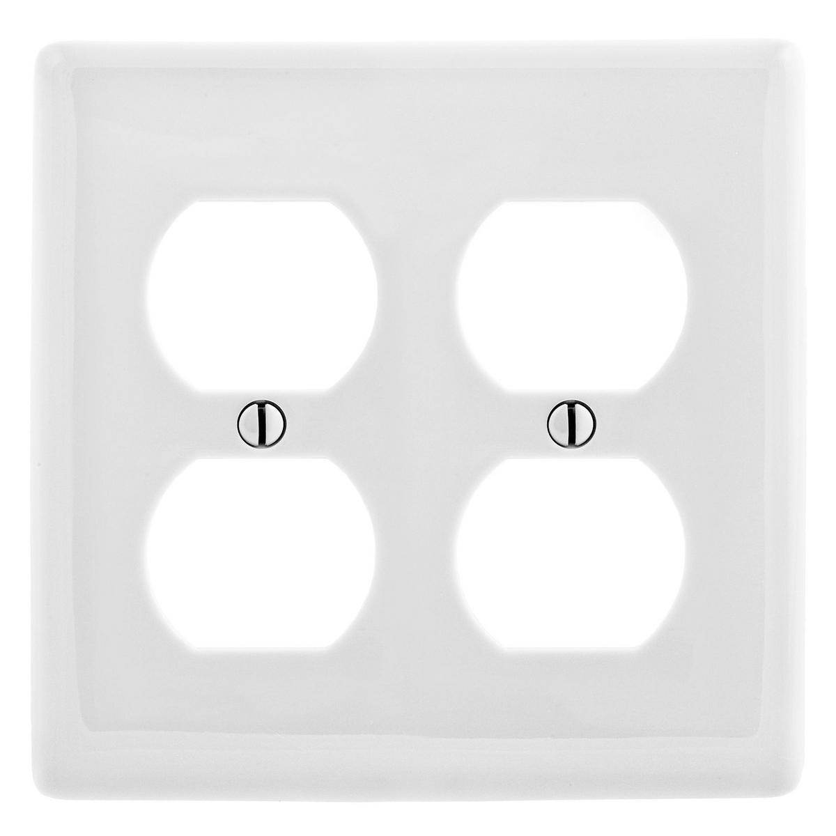 Hubbell NPJ82W Wallplates and Box Covers, Wallplate, Nylon, Mid-Sized, 2-Gang, 2) Duplex, White  ; Reinforcement ribs for extra strength ; Captive screw feature holds mounting screw in place ; High-impact, self-extinguishing nylon material ; Standard Size is 1/8" larger