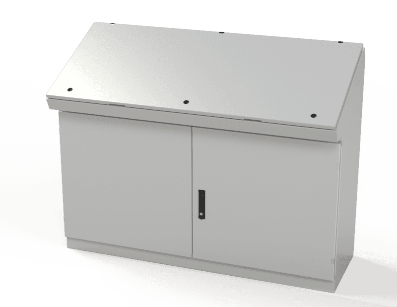 Saginaw Control SCE-466019SDC Console, Single Access Two Door, Height:46.25", Width:59.88", Depth:18.50", ANSI-61 gray powder coating inside and out.  Optional sub-panels are powder coated white.