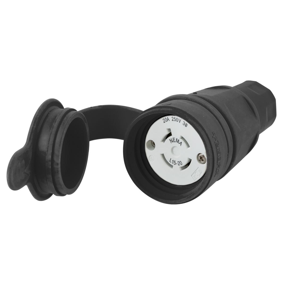 Hubbell HBL27W75BK Watertight Devices, Twist-Lock® Connector, 20A, 3 Phase 250V AC, 3 Pole, 4 Wire, Thermoplastic elastomer, NEMA L15-20R, Black  ; Smooth body design minimizes collection points simplifying the wash down process ; Strain relief nut always seals on the body,