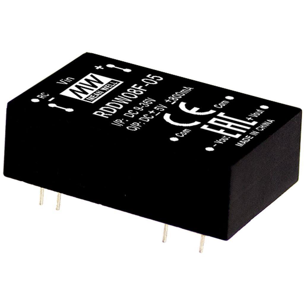 MEAN WELL RDDW08F-15 DC-DC Railway Dual Output Converter; Input 9-36VDC; Output +-15VDC at +-0.265A; 1.5KVDC I/O isolation; DIP Through hole package; Remote ON/OFF