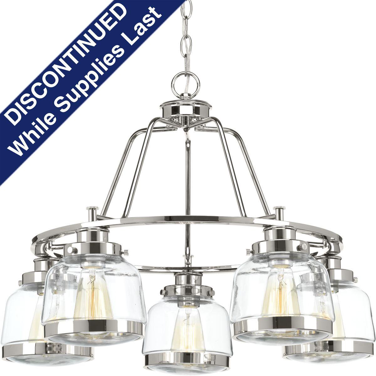 Hubbell P400058-104 The Judson collection features a timeless clear schoolhouse-style globe. Metal fittings add distinction to complete the vintage look. Judson provides the perfect compliment to farmhouse or coastal-inspired homes. Five-light chandelier in an Polished Nicke