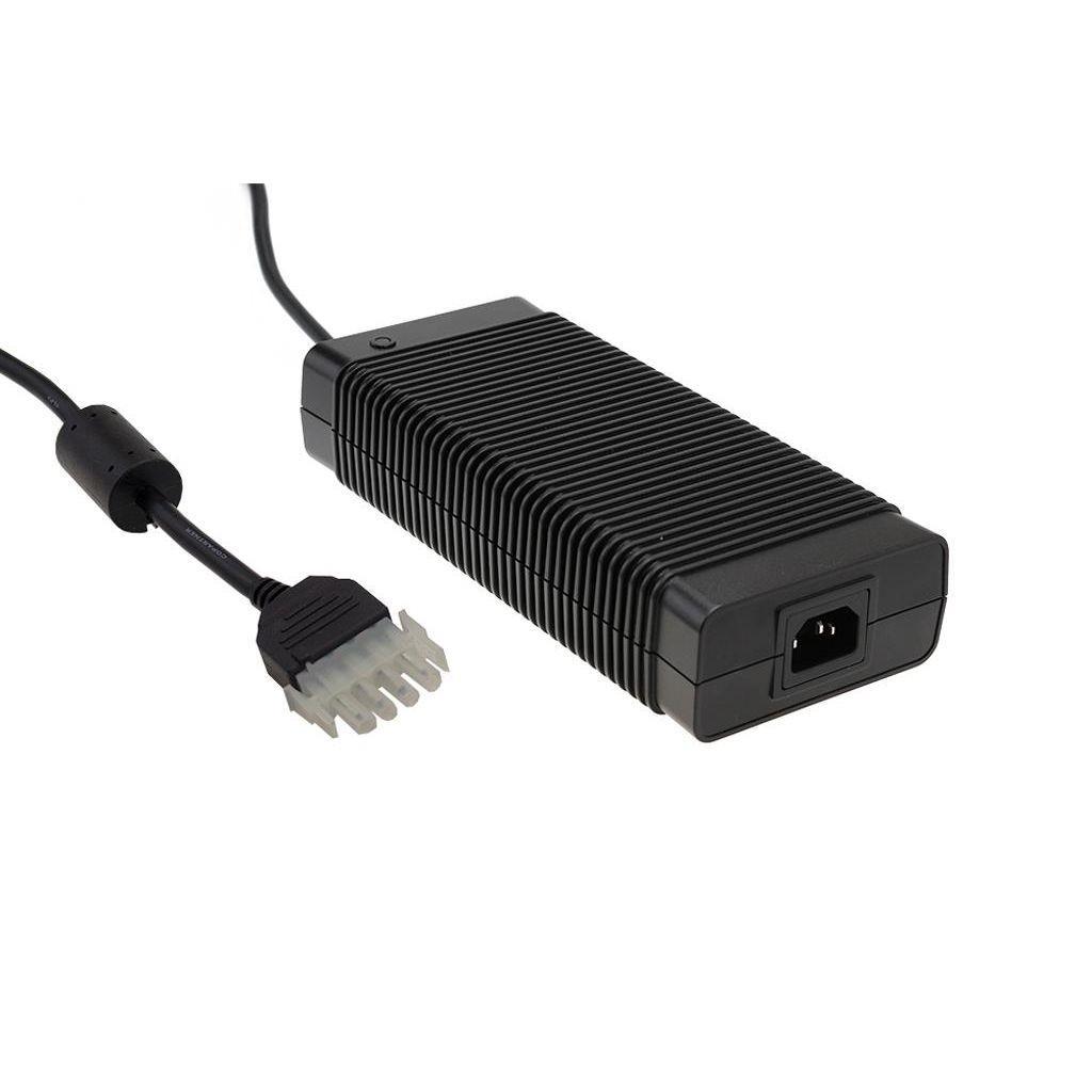MEAN WELL GS280A12-C4P AC-DC Desktop adaptor; Output 12Vdc at 18.5A; Input connector IEC320-C14; Output connector 4 pole AMP; GS280A12-C4P is succeeded by GST280A12-C4P.