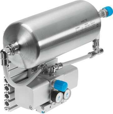 Festo 552928 pressure booster DPA-40-10-CRVZS2 combination of pressure booster and air reservoir in stainless steel design Piston diameter: 40 mm, Volume: 2 l, Assembly position: Any, Design structure: (* Twin-piston pressure booster, * with air reservoir, * with pres
