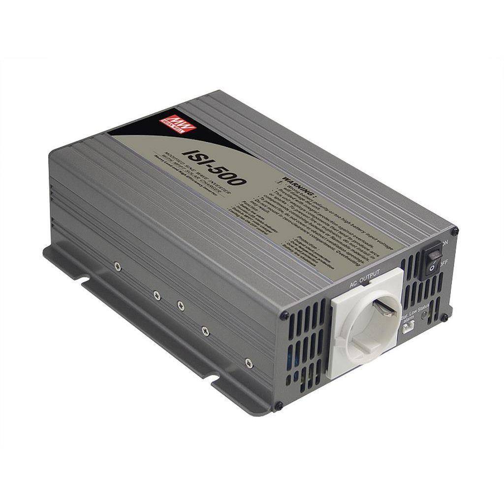 MEAN WELL ISI-500-212B DC-AC Solar inverter with battery charger for stand alone solar systems; Battery 12Vdc; Output 230Vac; 350W; MPPT tracking; European plug; ISI-500-212B is succeeded by ISI-501-212B.