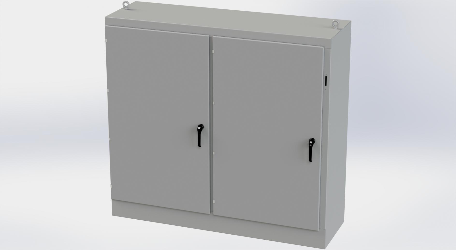 Saginaw Control SCE-72XM7824 2DR XM Enclosure, Height:72.00", Width:77.75", Depth:24.00", ANSI-61 gray powder coating inside and out. Sub-panels are powder coated white.