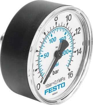 Festo 162839 pressure gauge MA-50-16-1/4-EN With display unit in bar and psi. Indicating range [bar]: 0 - 16 bar, Conforms to standard: EN 837-1, Nominal size of pressure gauge: 50, Design structure: Bourdon-tube pressure gauge, Mounting type: Line installation