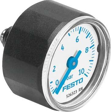 Festo 526323 pressure gauge MA-27-10-M5 With display unit in bar. Indicating range [bar]: 0 - 10 bar, Nominal size of pressure gauge: 27, Design structure: Bourdon-tube pressure gauge, Mounting type: Line installation, Operating medium: (* Inert gases, * Neutral fluid