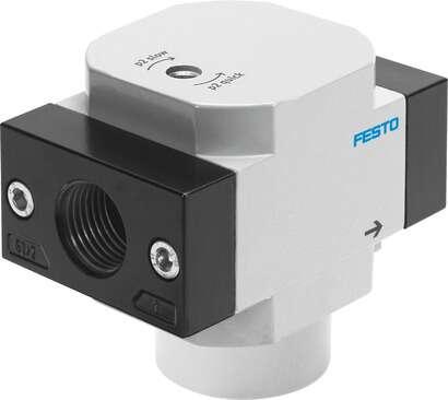 Festo 165077 on-off valve HEL-1/4-D-MINI Used in conjunction with service units for gradual pressure build-up. The valve function is equivalent to a 2/2-way valve. Exhaust-air function: throttleable, Type of actuation: pneumatic, Sealing principle: soft, Assembly posi