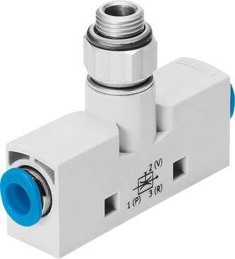 Festo 526153 vacuum generator VN-10-H-T4-PQ2-VA5-RQ3 Standard, high vacuum, width 18 mm, T shape with push-in connector. Vacuum connection with male thread. Nominal size, Laval nozzle: 0,95 mm, Grid dimension: 18 mm, Assembly position: Any, Ejector characteristic: (* 