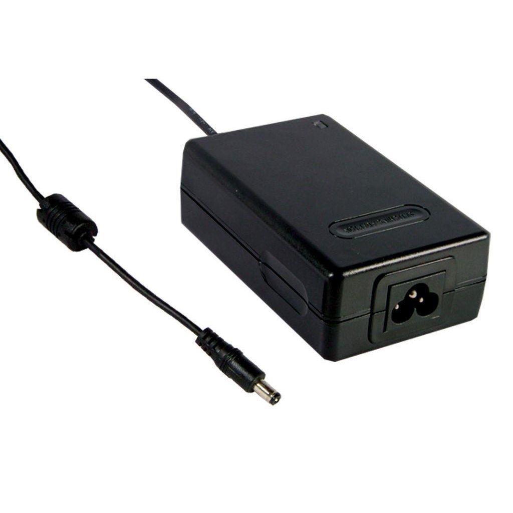 MEAN WELL MES30C-2P1J AC-DC Single output medical desktop adaptor with 3 pin IEC320-C6 socket; Output 9VDC at 3.33 with P1J tuning fork plug OD 5.5mm; ID 2.1mm; length 11mm; 2xMOPP; Class I; MES30C-2P1J is succeeded by GSM40A09-P1J.