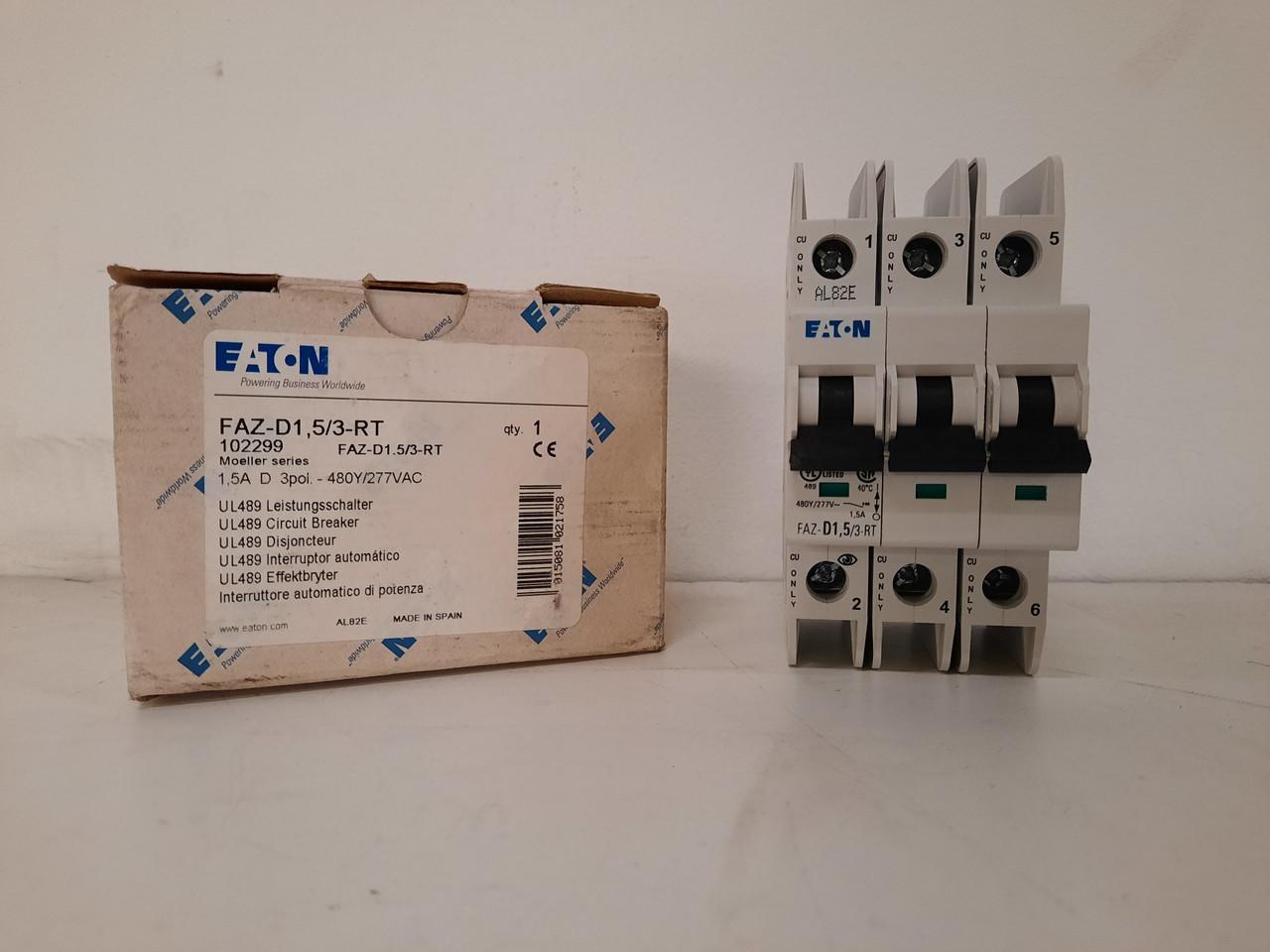Eaton FAZ-D1.5/3-RT 277/480 VAC 50/60 Hz, 1.5 A, 3-Pole, 10/14 kA, 10 to 20 x Rated Current, Ring Tongue Terminal, DIN Rail Mount, Standard Packaging, D-Curve, Current Limiting, Thermal Magnetic, Miniature Circuit Breaker