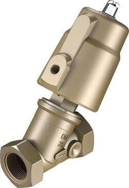 Festo 3535665 angle seat valve VZXF-L-M22C-M-B-G1-230-M1-H3B1T-50-10 Pneumatically actuated angle seat valve in red brass. Under seat version, safety position closed, G thread, nominal width 1". Design structure: Poppet valve with piston actuator, Type of actuation: pn