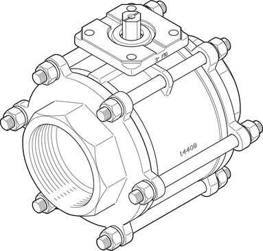 Festo 1686654 ball valve VZBA-4"-GG-63-T-22-F10-V4V4T 2/2-way, flange hole pattern F10, thread EN 10226-1. Design structure: 2-way ball valve, Type of actuation: mechanical, Sealing principle: soft, Assembly position: Any, Mounting type: Line installation