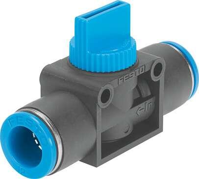 Festo 153477 shut-off valve HE-3-QS-10 Valve function: 3/2 bistable, Pneumatic connection, port  1: QS-10, Pneumatic connection, port  2: QS-10, Type of actuation: manual, Mounting type: (* Direct mounting via through-holes, * Line installation, * Optional)