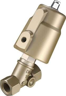 Festo 1002501 angle seat valve VZXF-L-M22C-M-B-G12-120-H3B1-50-16 Pneumatically actuated angle seat valve in red brass. Under seat version, safety position closed, G thread, nominal width 1/2". Design structure: Poppet valve with piston actuator, Type of actuation: pne