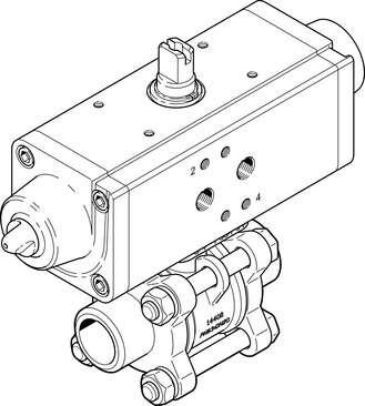 Festo 1774106 ball valve actuator unit VZBA-3/4"-WW-63-T-22-F0304-V4V4T-PS30-R- 2/2-way, flange hole pattern F0304, welded end. Design structure: (* 2-way ball valve, * Swivel drive), Type of actuation: pneumatic, Assembly position: Any, Mounting type: Line installatio
