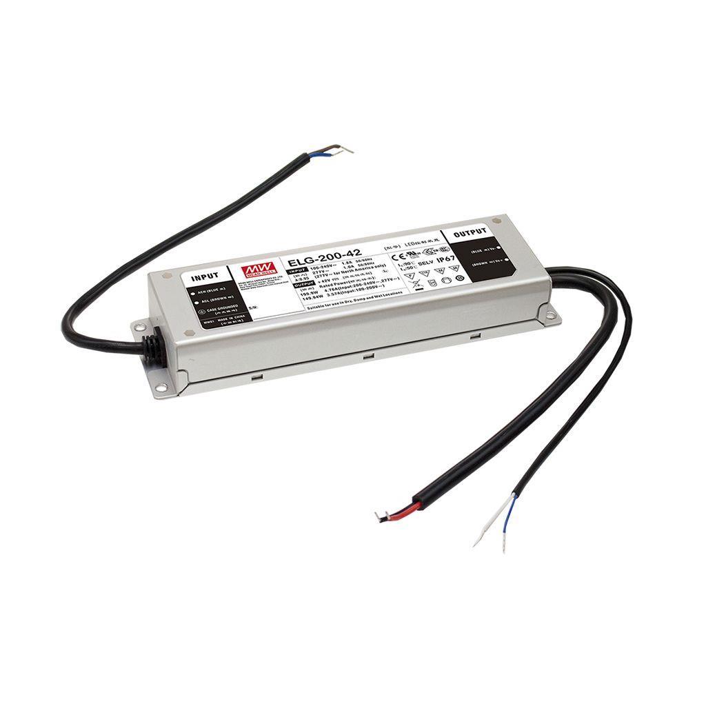 MEAN WELL ELG-200-42AB AC-DC Single output LED Driver Mix Mode (CV+CC) with PFC; Output 42Vdc at 4.76A; Dimming with 0-10Vdc 10V PWM resistance; IP65; Io and Vo adjustable through built-in potentiometer