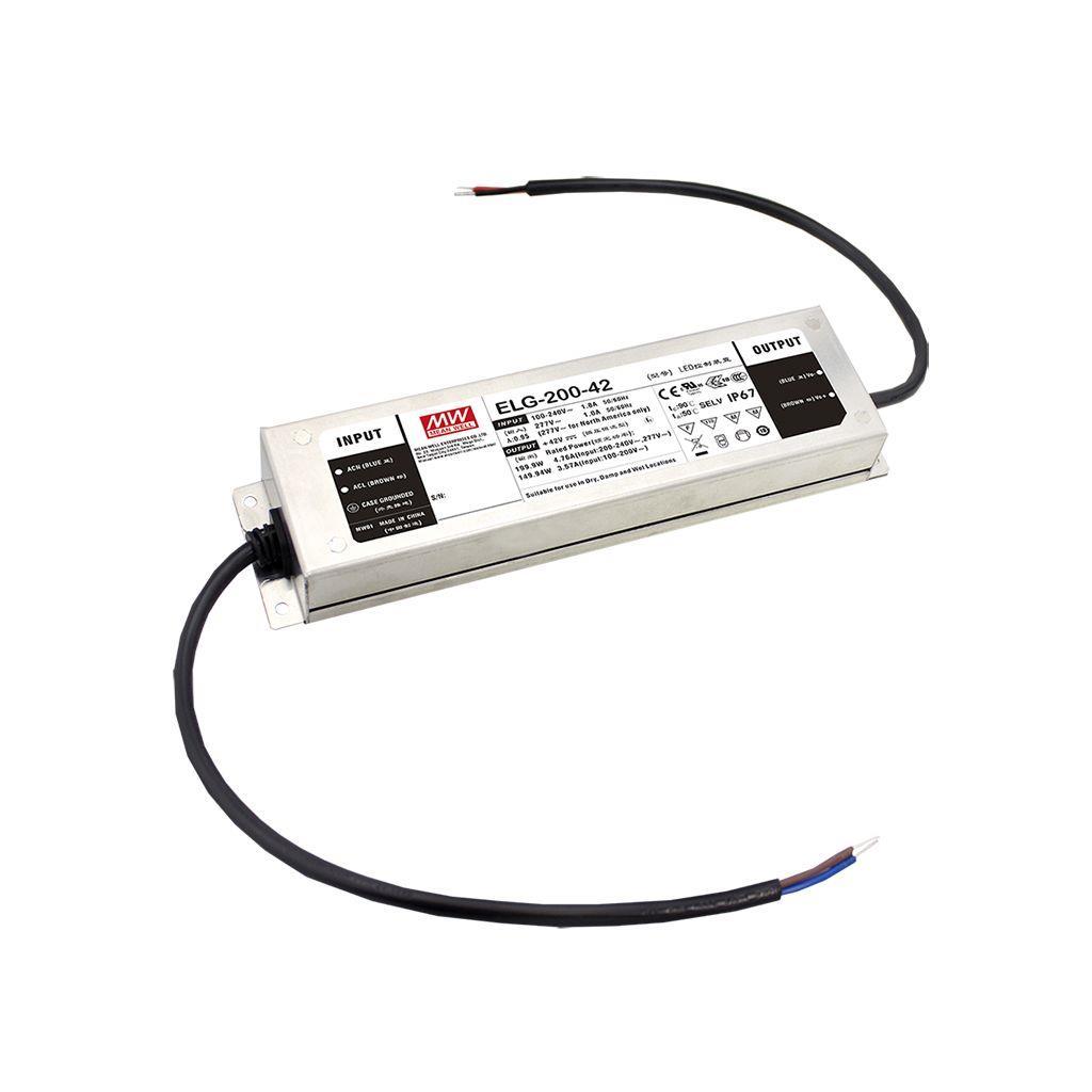 MEAN WELL ELG-200-54D2-3Y AC-DC Single output LED Driver Mix Mode (CV+CC) with PFC; 3 wire input; Output 54VDC at 3.72A; Smart timer dimming and programmable function; IP67; Cable output