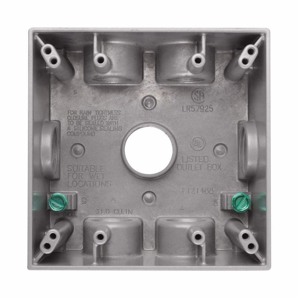 Eaton Corp TP7128 Eaton Crouse-Hinds series weatherproof outlet box, 31.0 cu in capacity, Gray, 2" deep, Die cast aluminum, Two-gang, (7) 3/4" outlet holes, Rectangular, side entry