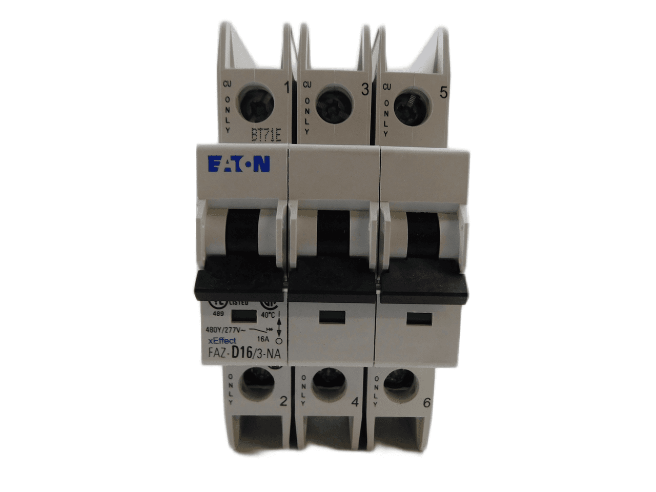 Eaton FAZ-D16/3-NA 277/480 VAC 50/60 Hz, 16 A, 3-Pole, 10/14 kA, 10 to 20 x Rated Current, Screw Terminal, DIN Rail Mount, Standard Packaging, D-Curve, Current Limiting, Thermal Magnetic
