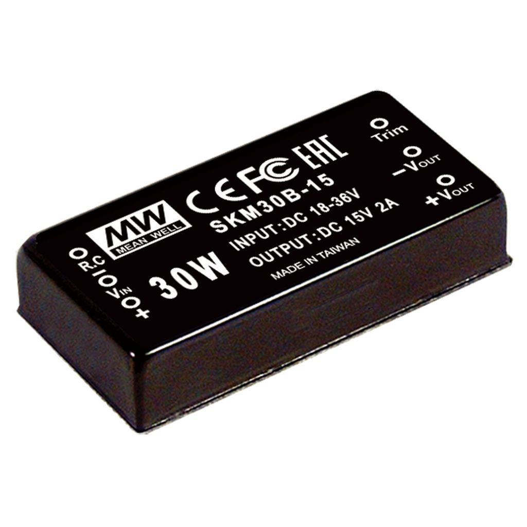 MEAN WELL SKM30B-15 DC-DC Converter PCB mount; Input 18-36Vdc; Output 15Vdc at 2A; DIP Through hole package; Built-in EMI filter; 2" x 1" ultra compact size