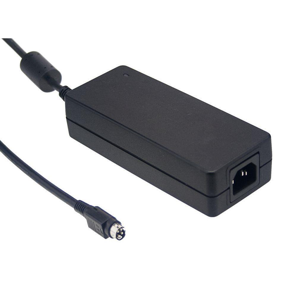 MEAN WELL GS120A48-P1M AC-DC Industrial desktop adaptor with 3 pin IEC320-C14 input socket; Output 48VDC at 2.5A with P1M tuning fork plug OD 5.5mm; ID 2.5mm; Length 11mm: Class I; GS120A48-P1M is succeeded by GST120A48-P1M.