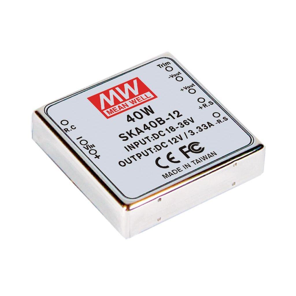 MEAN WELL SKA40B-12 DC-DC Converter PCB mount; Input 18-36Vdc; Output 12Vdc at 3.333A; DIP Through hole package; Built-in EMI filter; 2" x 2" compact size; remote ON/OFF