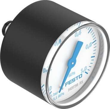 Festo 563738 pressure gauge PAGN-40-1M-P10 With display unit in Mpa. Indicating range [MPa]: 0 - 1 MPa, Conforms to standard: EN 837-1, Nominal size of pressure gauge: 40, Design structure: Bourdon-tube pressure gauge, Mounting type: Line installation