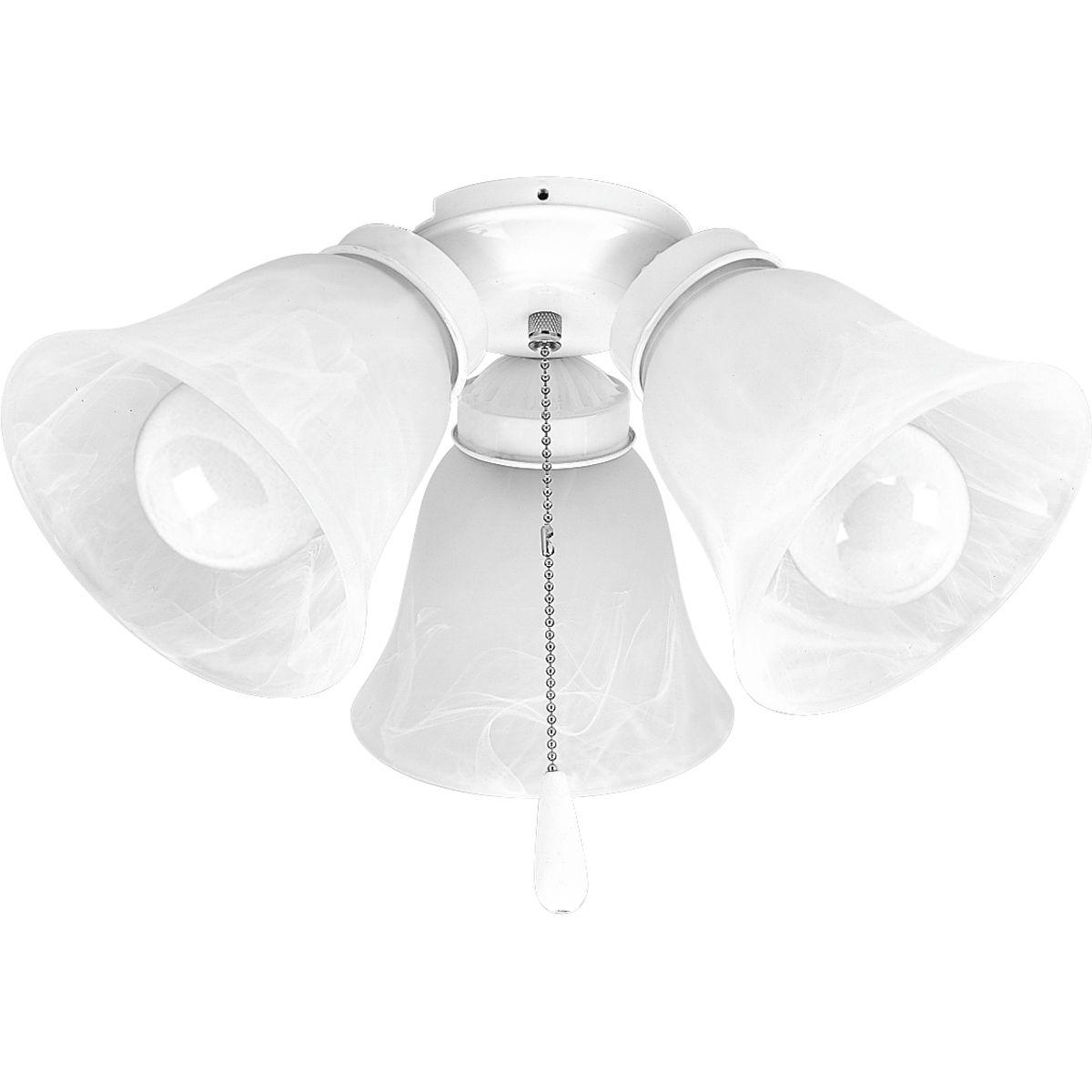 Hubbell P2600-30WB Three-light kit with white washed alabaster style glass shades beautiful in design. White finish corresponds with a chrome pull-chain and white fob. Innovative spring clip glass attachment system eliminates unsightly excess hardware. Good for use with P25