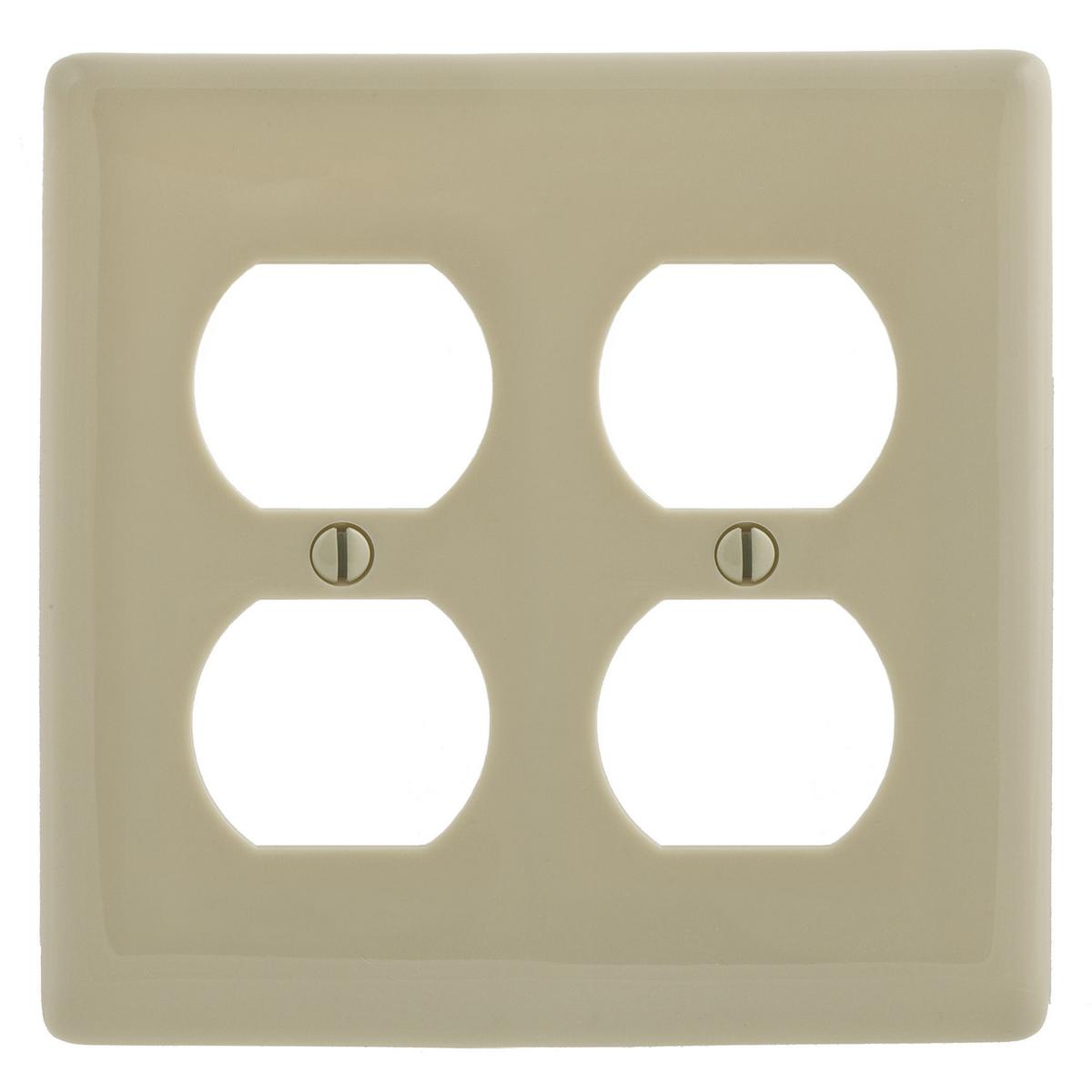 Hubbell NP82I Wallplates and Box Covers, Wallplate, Nylon, 2-Gang, 2) Duplex, Ivory  ; Reinforcement ribs for extra strength ; Captive screw feature holds mounting screw in place ; High-impact, self-extinguishing nylon material ; Standard Size is 1/8" larger to give yo