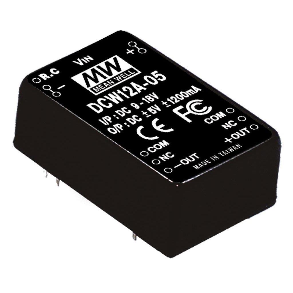 MEAN WELL DCW12A-05 DC-DC Converter PCB mount; Input 9-18Vdc; Output +/-5Vdc at 1.2A