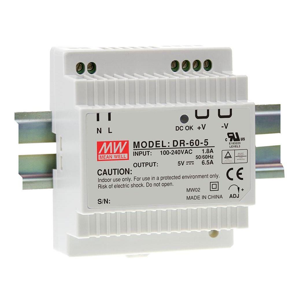 MEAN WELL DR-60-12 AC-DC Industrial DIN rail power supply; Output 12Vdc at 4.5A; plastic T-shape case; DR-60-12 is succeeded by HDR-60-12.