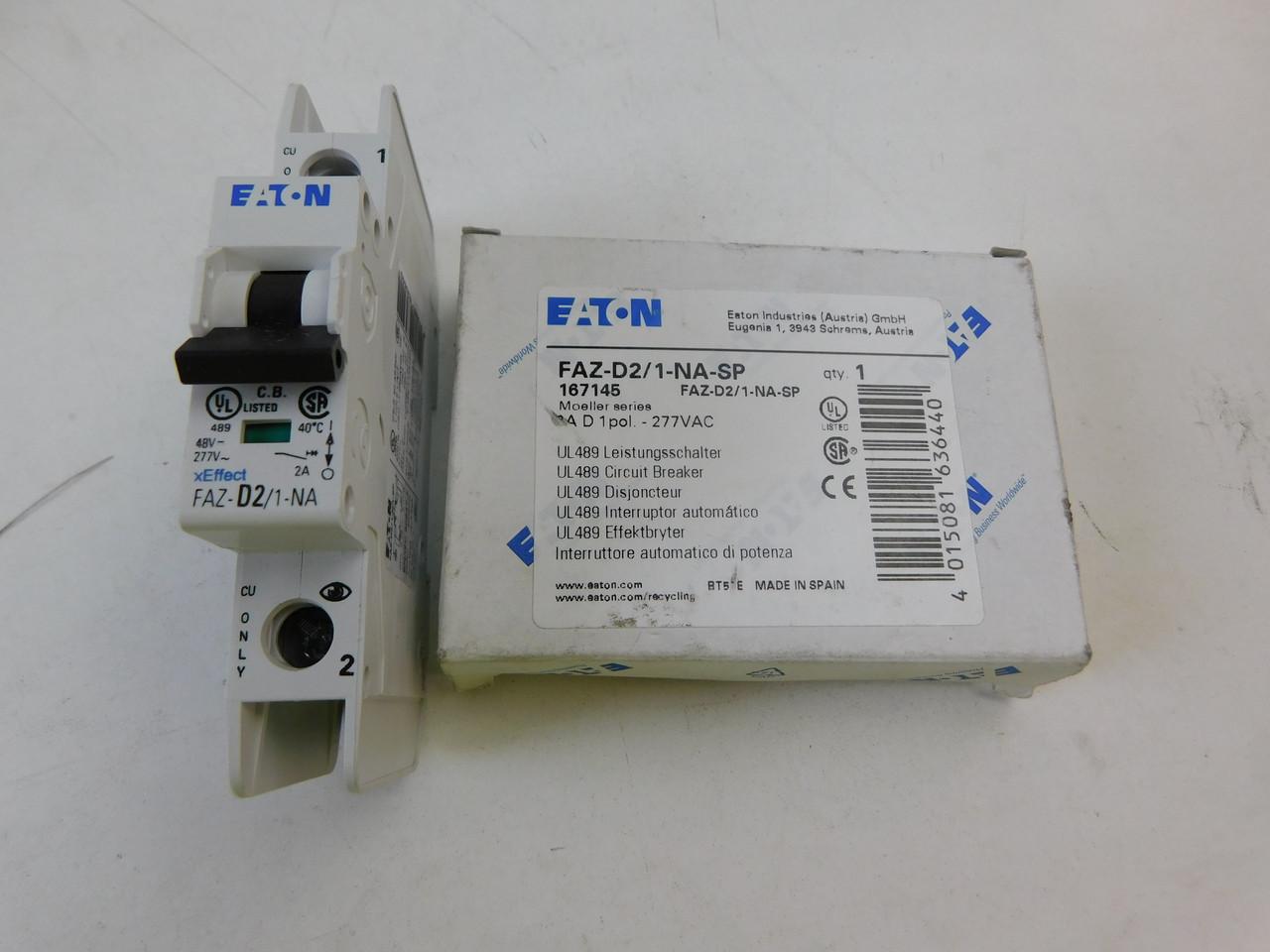 Eaton FAZ-D2/1-NA-SP Eaton FAZ branch protector,UL 489 Industrial miniature circuit breaker - supplementary protector,Single package,High levels of inrush current are expected,2 A,10 kAIC,Single-pole,277 V,10-20X /n,Q38,50-60 Hz,Screw terminals,D Curve