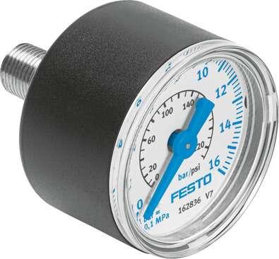 Festo 529046 pressure gauge MA-40-16-1/8-EN-DPA With display unit in bar and psi. Indicating range [bar]: 0 - 16 bar, Conforms to standard: EN 837-1, Nominal size of pressure gauge: 40, Design structure: Bourdon-tube pressure gauge, Mounting type: Line installation