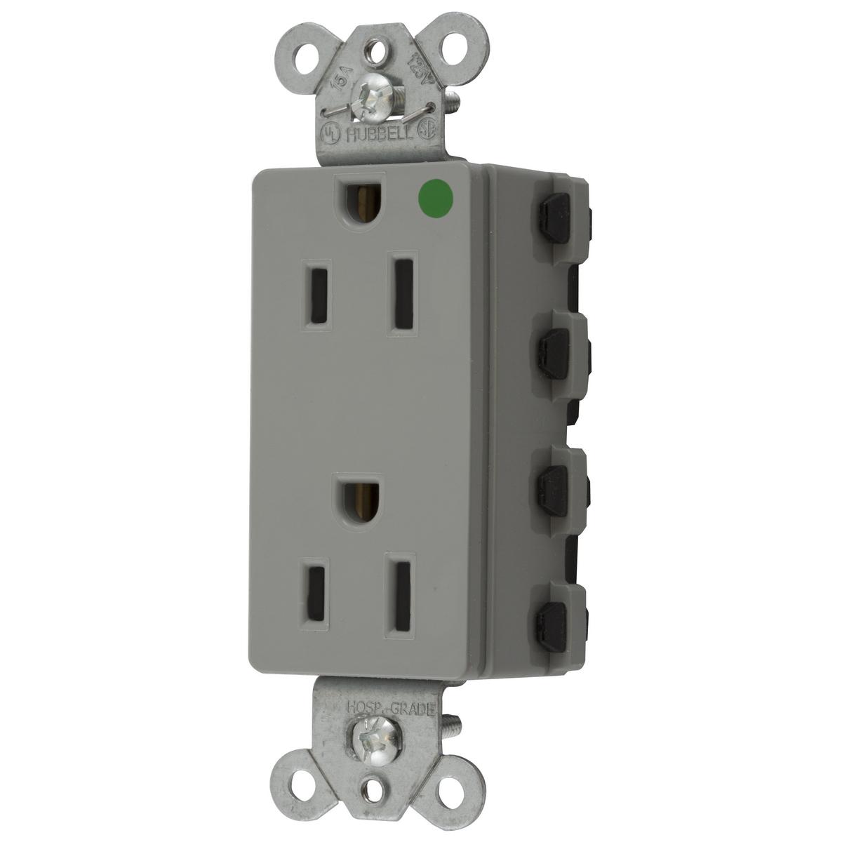 Hubbell SNAP2172GYNA Straight Blade Devices, Receptacles, Style Line Decorator, SNAPConnect, Hospital Grade, 15A 125V, 2-Pole 3- Wire Grounding, 5-15R, Nylon, Gray, USA  ; Audible SNAP, indicates solid connection ; Reduces installation time ; Requires minimal box space ; Asse