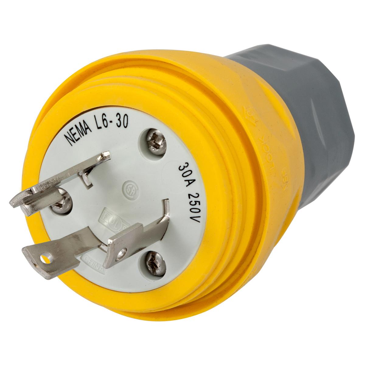 Hubbell HBL28W48 Watertight Devices, Twist-Lock® Plug, 30A, 250V, 2 Pole, 3 Wire, Thermoplastic elastomer, NEMA L6-30P, Yellow  ; Smooth body design minimizes collection points simplifying the wash down process ; Strain relief nut always seals on the body, minimizing debr