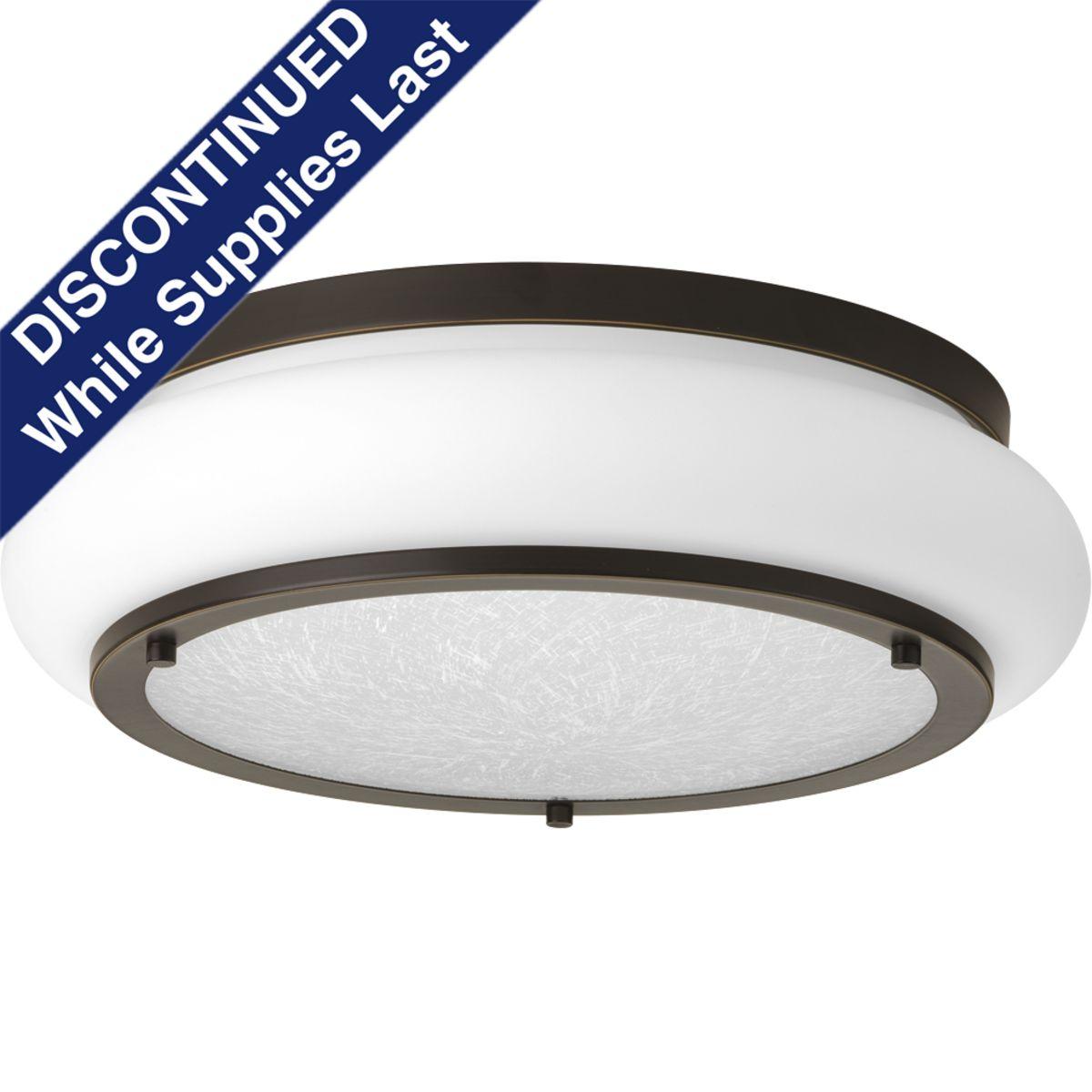 Hubbell P350082-020-30 One-light 15 inch LED flush mount features architectural details for a variety of home styles. A combination of glass textures work together to create an interesting effect for today’s interiors. Metallic finishes complement the opal/linen double glass. A
