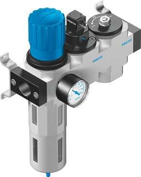 Festo 192457 service unit LFR-1/2-D-DI-MAXI-KD-A consisting of filter regulator, on/off valve with solenoid coil 24 V DC, without socket,, and pressure build-up valve, with mounting brackets. With automatic condensate drain. Size: Maxi, Series: D, Actuator lock: Rotar