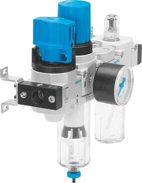 Festo 185818 service unit FRC-1/4-D-MINI-KC-A consisting of manual on/off valve, filter regulator, distributor module with pressure switch but without socket, and lubricator with mounting brackets. With automatic condensate drain and metal bowl guard. Size: Mini, Seri