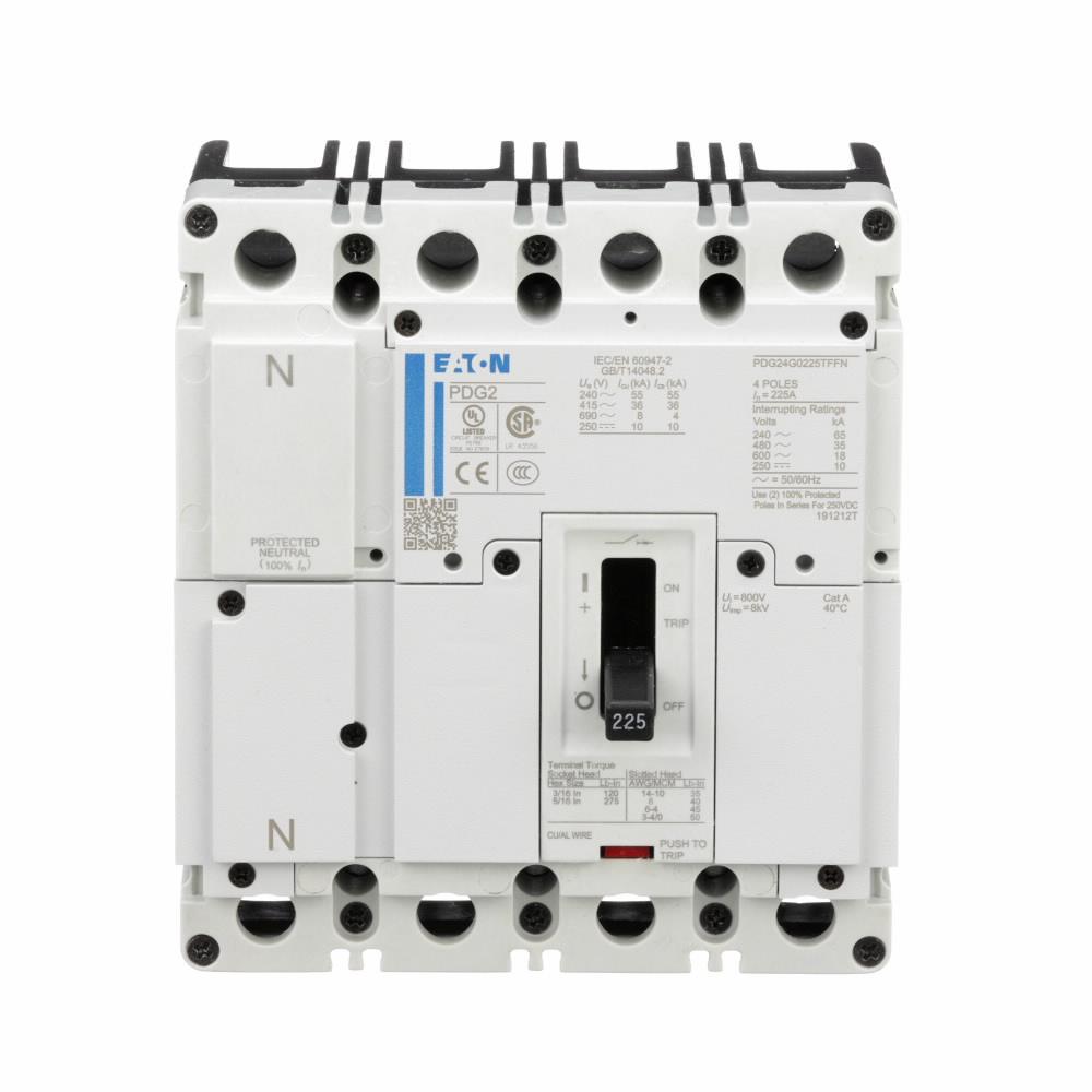 Eaton PDG20F0080TFFN Eaton Power Defense molded case circuit breaker, Globally Rated, Frame 2, Four Pole (0% N), 80A, 25kA/480V, T-M (Fxd-Fxd) TU, No Terminals