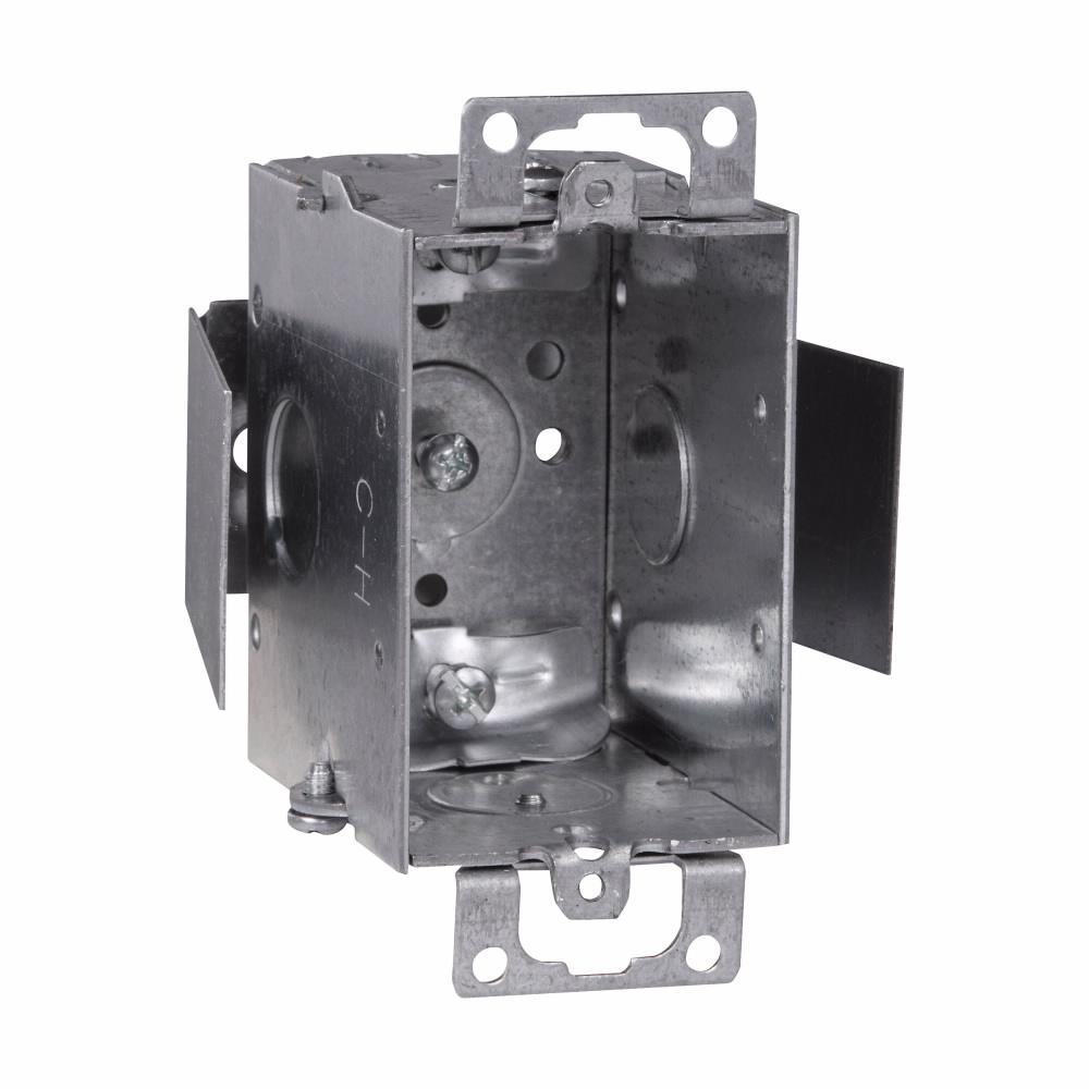 Eaton TP161 Eaton Crouse-Hinds series Switch Box, Snap-in, 2, NM clamps, 2-1/2", Steel, (1) 1/2", Ears, Gangable, 12.5 cubic inch capacity
