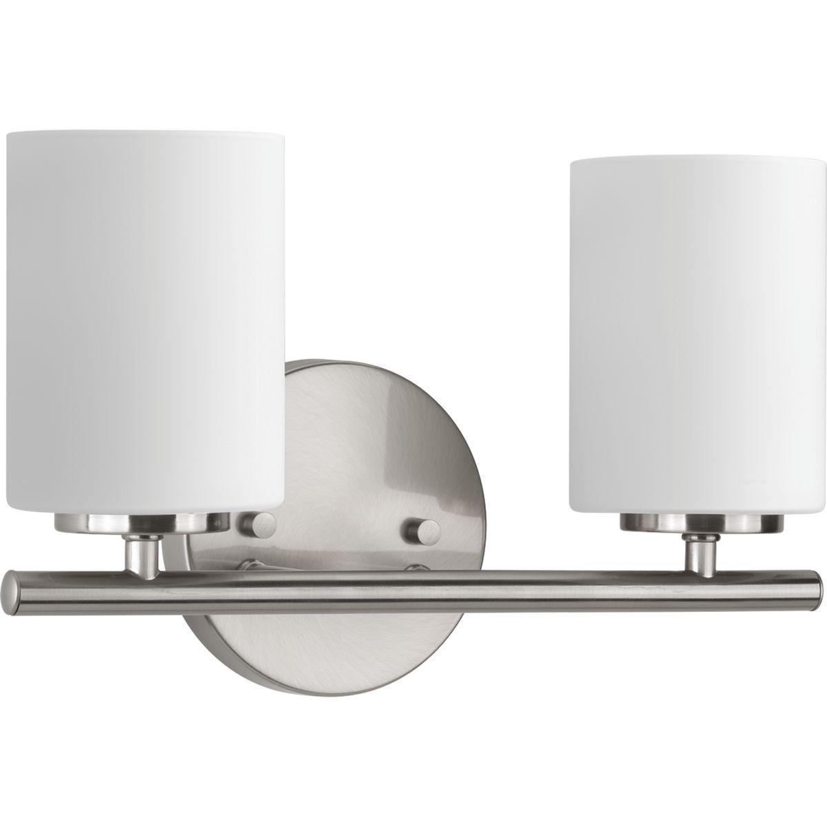 Hubbell P2158-09 Two-light bath & vanity from the Replay Collection, smooth forms, linear details and a pleasingly elegant frame enhance a simplified modern look. Fixture can be mounted up or down. Brushed Nickel finish.  ; Ideal for a bathroom and powder room. ; Perfect 