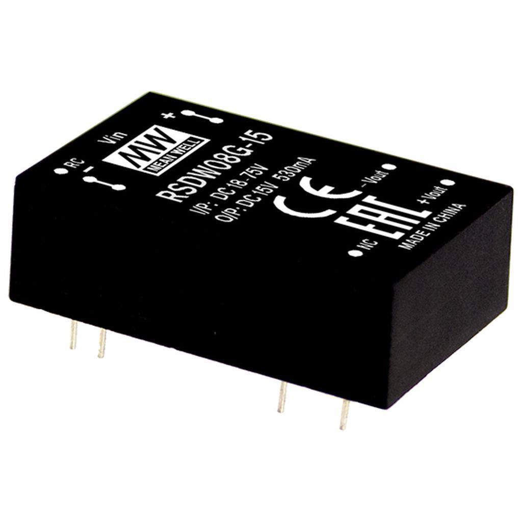 MEAN WELL RSDW08G-05 DC-DC Railway Single Output Converter; Input 18-75VDC; Output 5VDC at 1.6A; 1.5KVDC I/O isolation; DIP Through hole package; Remote ON/OFF
