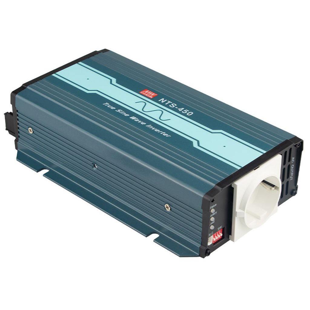 MEAN WELL NTS-450-248EU DC-AC True Sine Wave Inverter 450W; Input 48Vdc; Output 200/220/230/240VAC selectable by DIP switches; remote ON/OFF; Fanless design; AC output socket for Europe