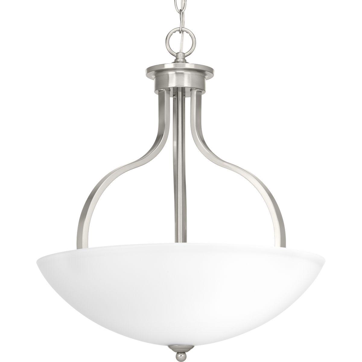 Hubbell P500071-009 The Laird collection provides a contemporary complement to casual interiors popular in today's homes. Glass shades add distinction and provide pleasing illumination to any room, while scrolling arms create an airy effect. Inverted Pendant in an Brushed Ni