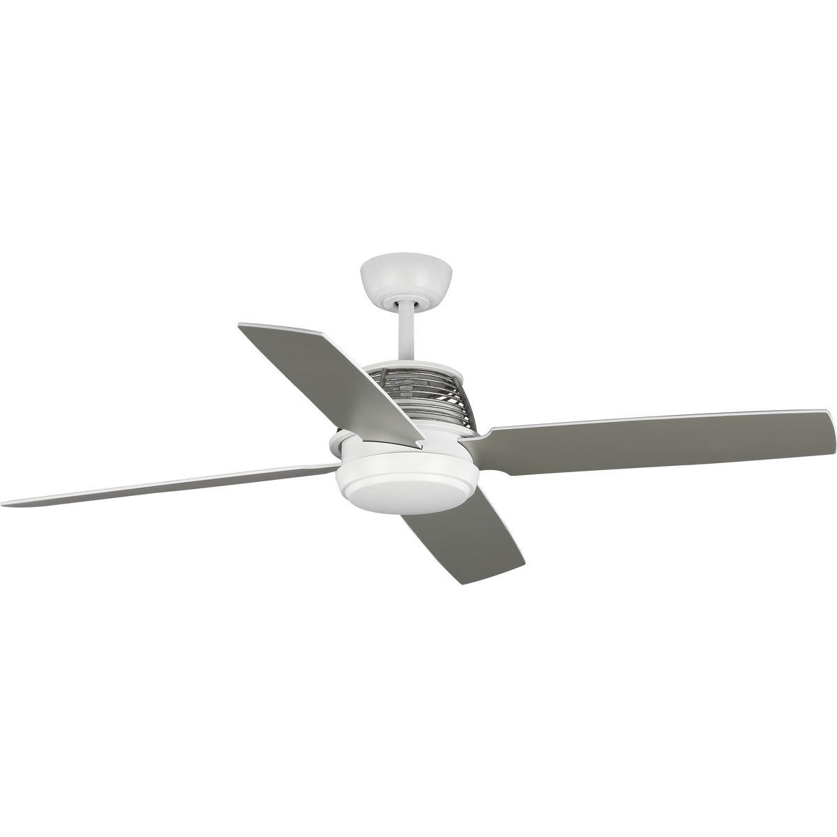 Hubbell P2590-28 The 56” Schaffer four-blade ceiling fan blends a streamlined design with mixed metal elements and a wire mesh housing, suitable for modern and urban industrial spaces. Satin White ceiling fan has galvanized accents. A remote control with batteries is incl